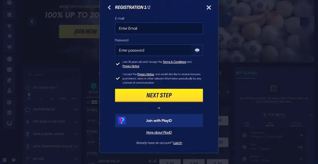 Betscore Registrierung: Formular mit E-Mail, Passwort und 18+ Bestaetigung