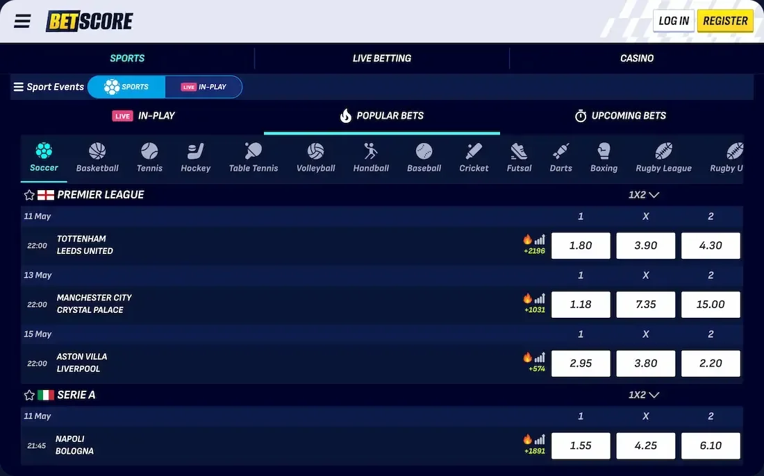 Betscore Sportwetten: Fussball, Eishockey und Tennis mit Live-Quoten